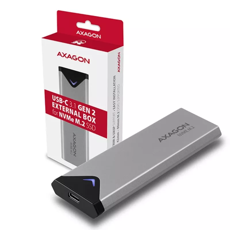 Axagon EEM2-UG2 externe USB-C 10Gbps metalen behuizing voor M.2 NVMe SSD's. zilver