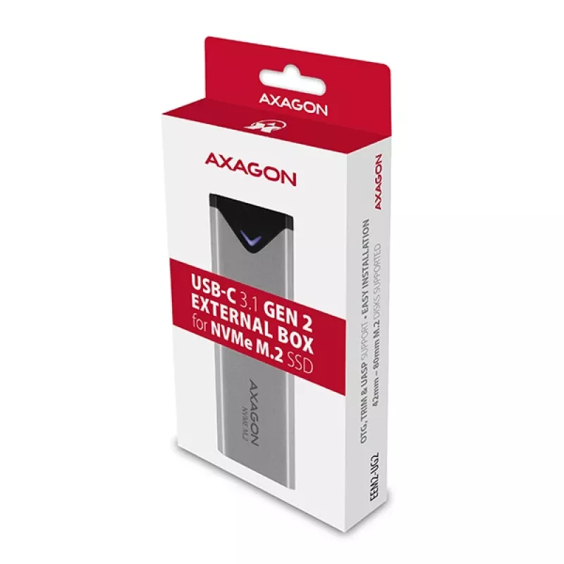 Axagon EEM2-UG2 externe USB-C 10Gbps metalen behuizing voor M.2 NVMe SSD's. zilver