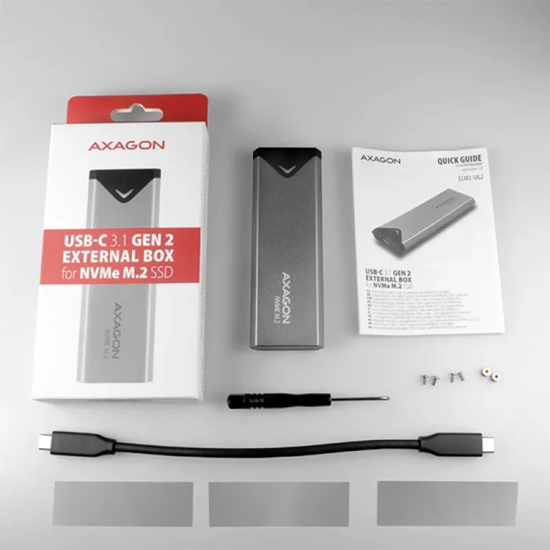 Axagon EEM2-UG2 externe USB-C 10Gbps metalen behuizing voor M.2 NVMe SSD's. zilver