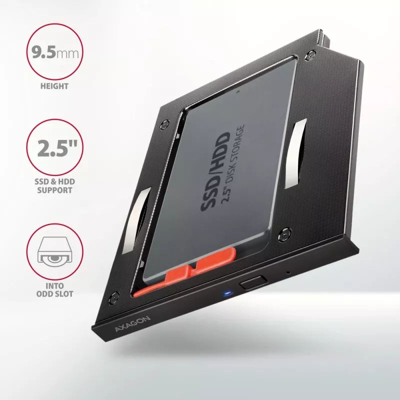 Axagon RSS-CD09 2,5 inch SSD/HDD-inbouwframe voor DVD-slot 9,5 mm LED ALU interfacekaarten/adapters intern SATA