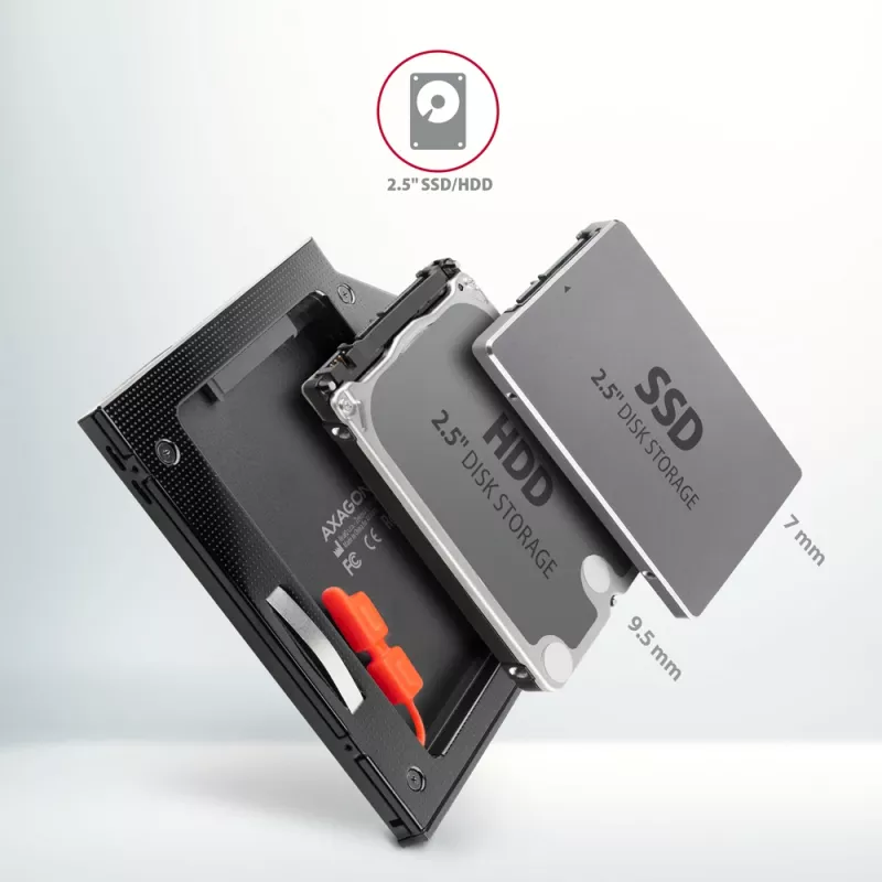Axagon RSS-CD09 2,5 inch SSD/HDD-inbouwframe voor DVD-slot 9,5 mm LED ALU interfacekaarten/adapters intern SATA