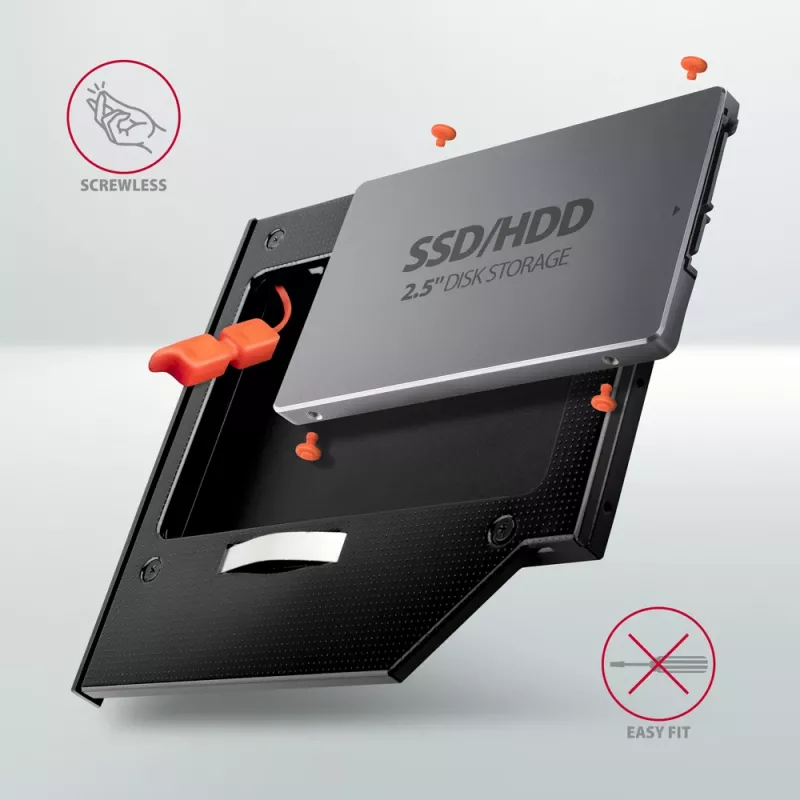 Axagon RSS-CD09 2,5 inch SSD/HDD-inbouwframe voor DVD-slot 9,5 mm LED ALU interfacekaarten/adapters intern SATA