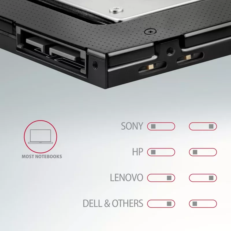 Axagon RSS-CD09 2,5 inch SSD/HDD-inbouwframe voor DVD-slot 9,5 mm LED ALU interfacekaarten/adapters intern SATA