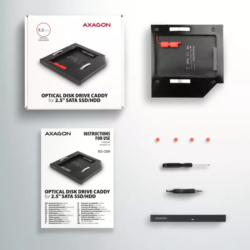 Axagon RSS-CD09 2,5 inch SSD/HDD-inbouwframe voor DVD-slot 9,5 mm LED ALU interfacekaarten/adapters intern SATA