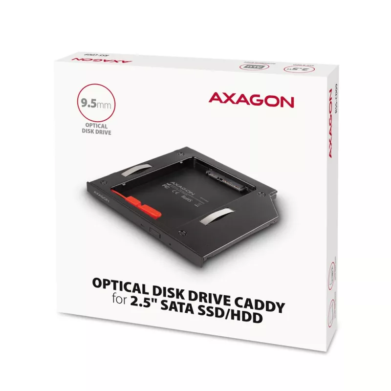 Axagon RSS-CD09 2,5 inch SSD/HDD-inbouwframe voor DVD-slot 9,5 mm LED ALU interfacekaarten/adapters intern SATA