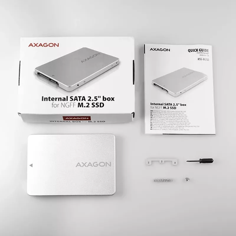 Axagon RSS-M2SD SATA - M.2 SATA SSD, interne 2,5 inch ALU-box, zilver
