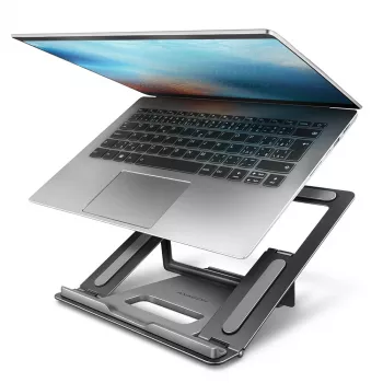 Axagon STND-L aluminium standaard voor laptops, maat 10 inch – 17,3 inch. Acht instelbare hoogte- en hoekposities. Grijze versie.