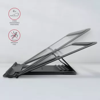 Axagon STND-L aluminium standaard voor laptops, maat 10 inch – 17,3 inch. Acht instelbare hoogte- en hoekposities. Grijze versie.
