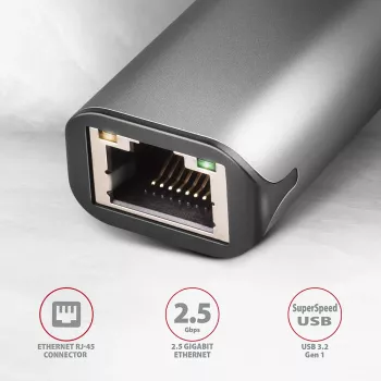 2.5 Gigabit Ethernet-adapter AXAGON ADE-25R — USB Type-C, 10/100/1000/2500 Mbit, 5000 Mbit/s, aluminium, grijs