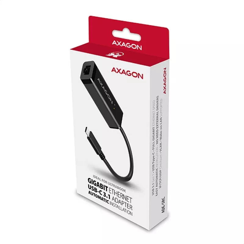Axagon ADE-SRC USB-C Gigabit Ethernet-adapter, bekabeld, USB Type-C, Ethernet, 1000 Mbit/s, zwart