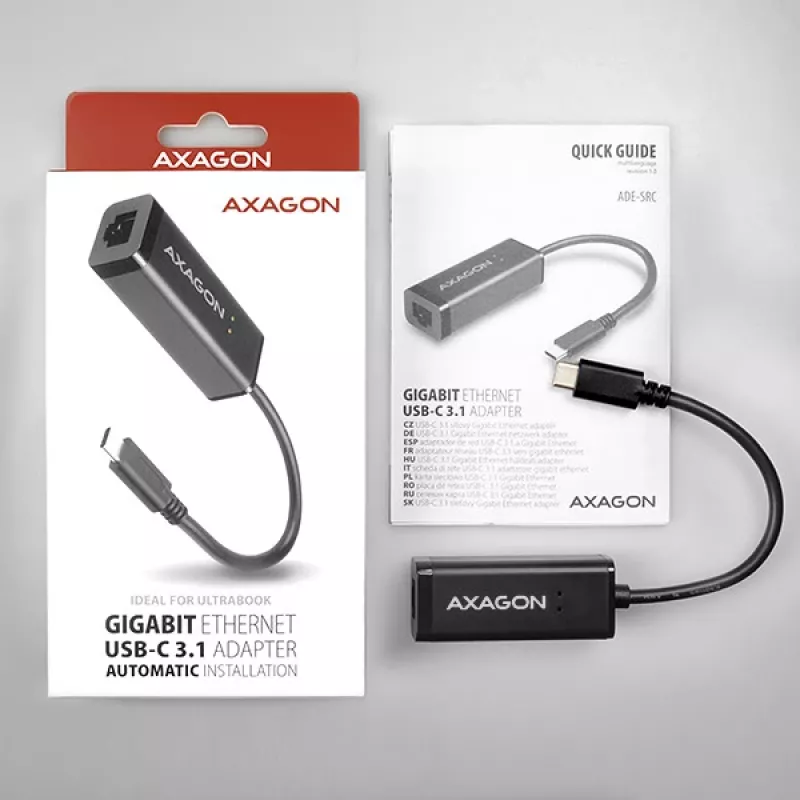Axagon ADE-SRC USB-C Gigabit Ethernet-adapter, bekabeld, USB Type-C, Ethernet, 1000 Mbit/s, zwart