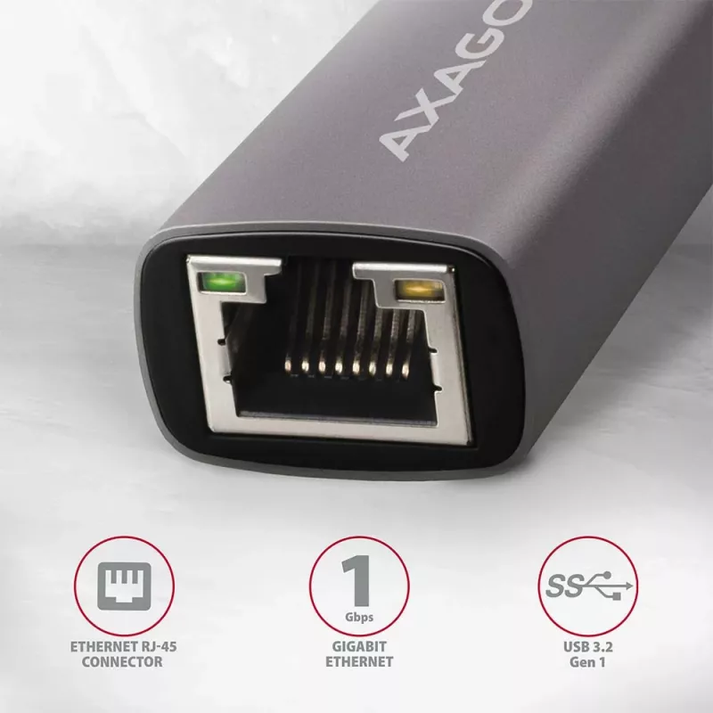 AXAGON USB 3.2 Gen 1 Type-A naar Gigabit Ethernet-adapter ADE-TR — 10/100/1000 Mbps, metaal titanium grijs, 5000 Mbit/s