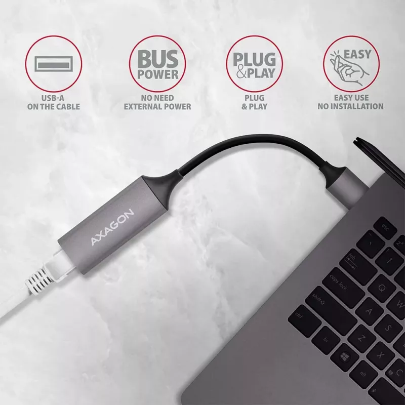 AXAGON USB 3.2 Gen 1 Type-A naar Gigabit Ethernet-adapter ADE-TR — 10/100/1000 Mbps, metaal titanium grijs, 5000 Mbit/s