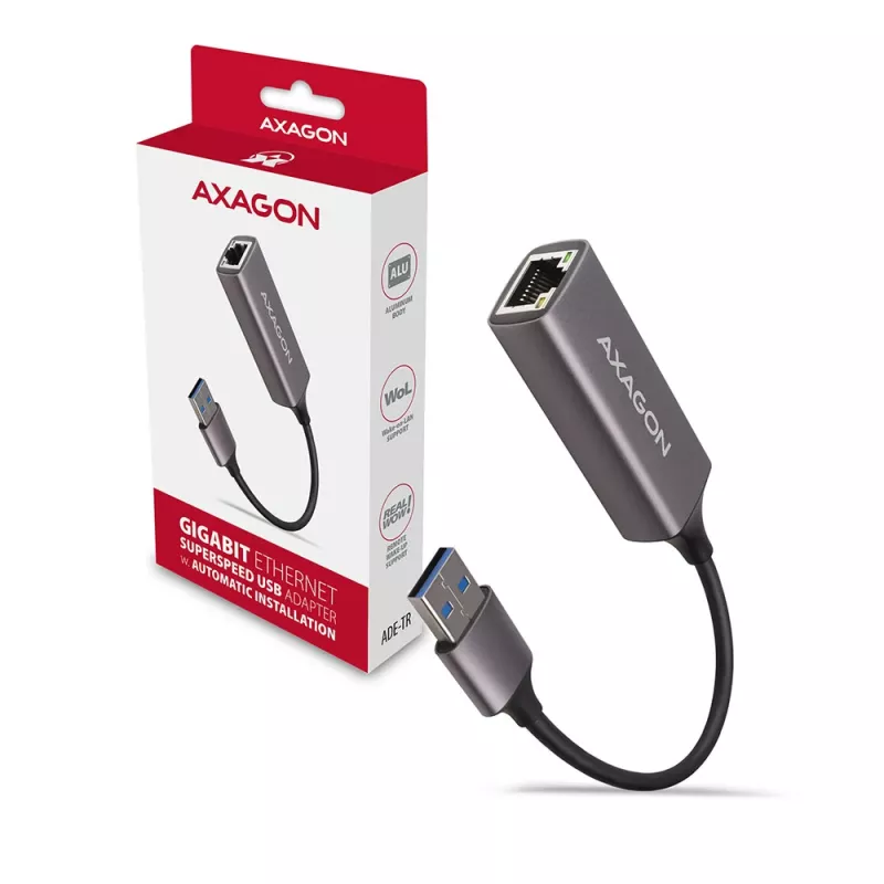 AXAGON USB 3.2 Gen 1 Type-A naar Gigabit Ethernet-adapter ADE-TR — 10/100/1000 Mbps, metaal titanium grijs, 5000 Mbit/s