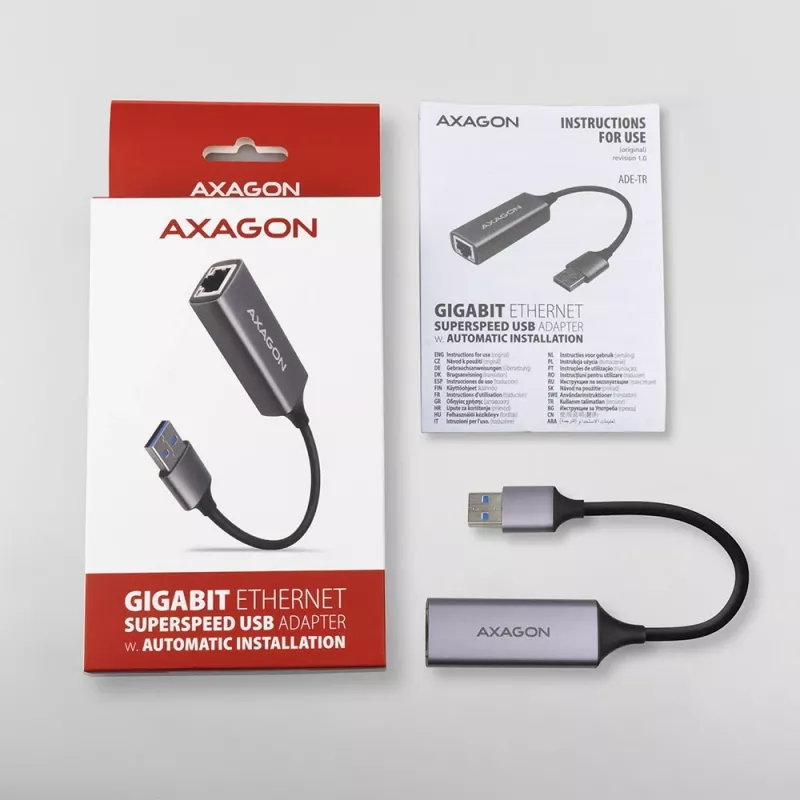 AXAGON USB 3.2 Gen 1 Type-A naar Gigabit Ethernet-adapter ADE-TR — 10/100/1000 Mbps, metaal titanium grijs, 5000 Mbit/s