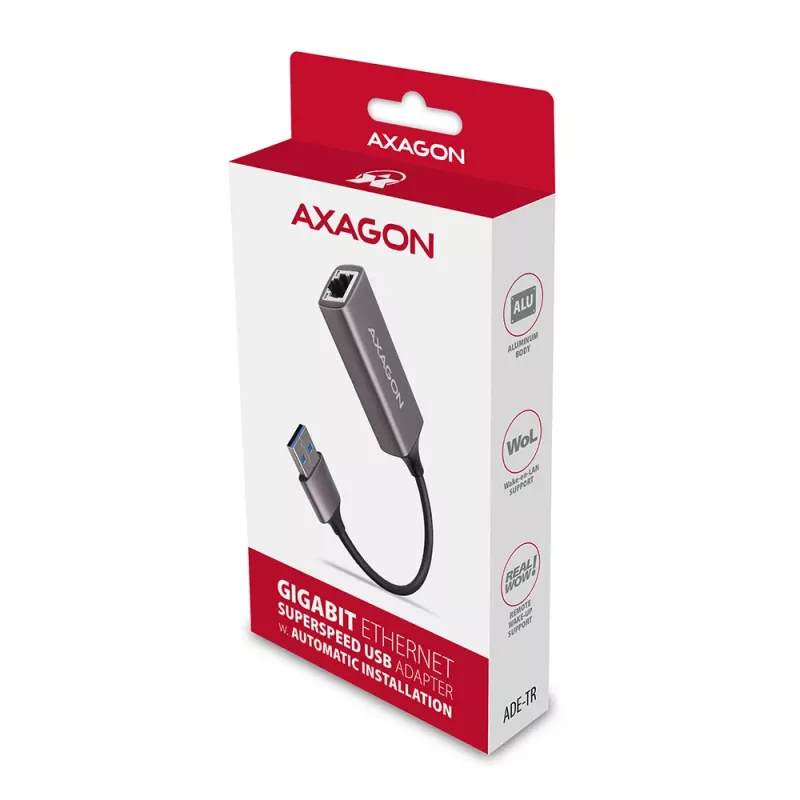 AXAGON USB 3.2 Gen 1 Type-A naar Gigabit Ethernet-adapter ADE-TR — 10/100/1000 Mbps, metaal titanium grijs, 5000 Mbit/s