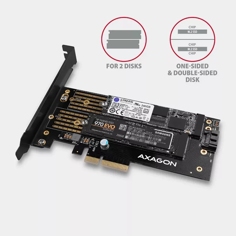 Axagon PCEM2-D PCIe x4 - M.2 NVMe M-Key + SATA B-Key slot-adapter met SP & LP