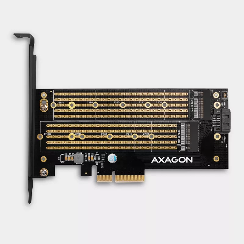 Axagon PCEM2-D PCIe x4 - M.2 NVMe M-Key + SATA B-Key slot-adapter met SP & LP