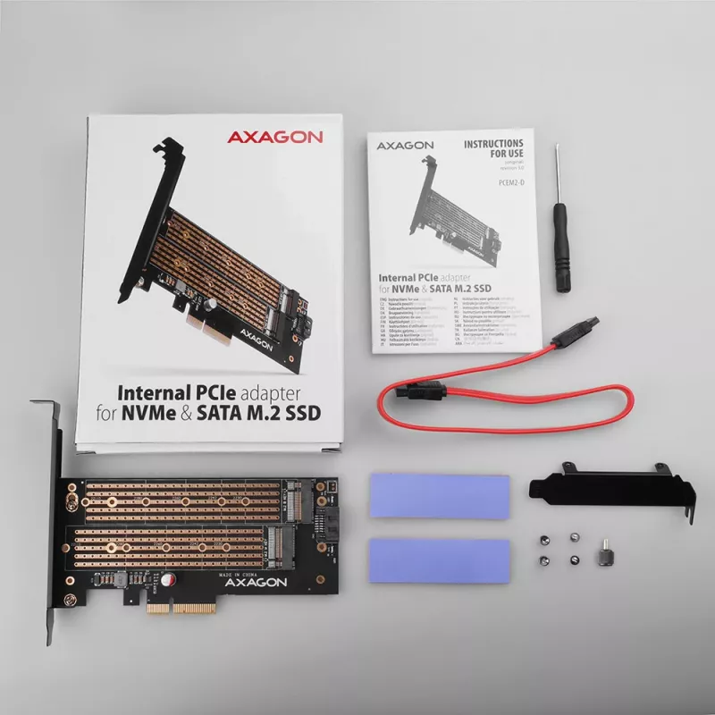 Axagon PCEM2-D PCIe x4 - M.2 NVMe M-Key + SATA B-Key slot-adapter met SP & LP