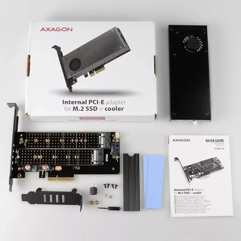 Axagon PCEM2-DC PCIe x4 - M.2 NVMe M-Key + SATA B-Key slot-adapter met koeler, SP & LP