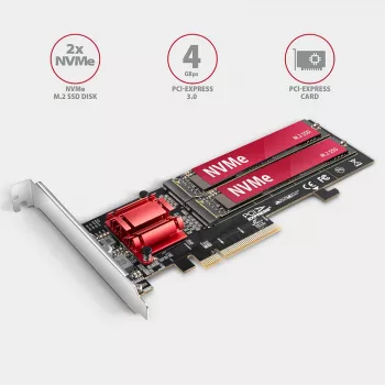 Axagon PCEM2-ND PCIe x8 - dubbele M.2 NVMe M-Key slot-adapter, RAID, dataswitch, met SP & LP