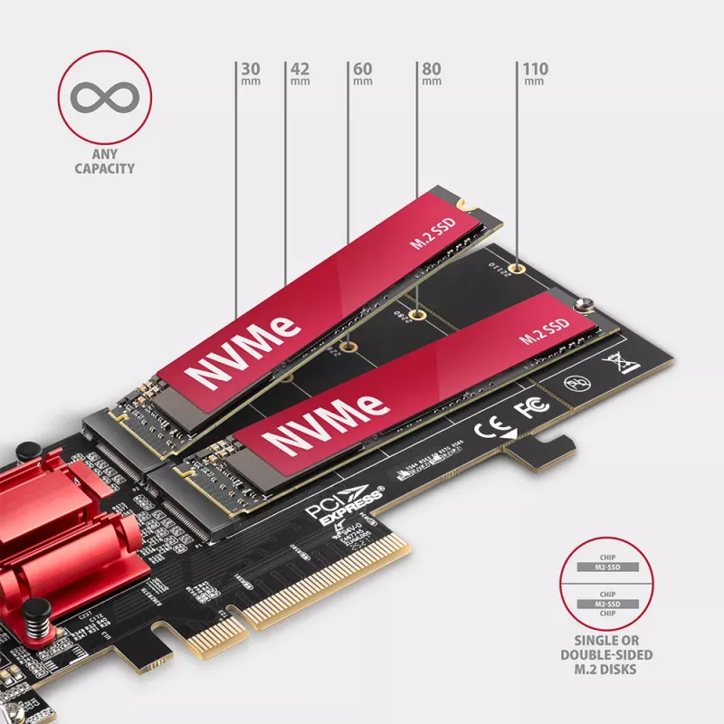 Axagon PCEM2-ND PCIe x8 - dubbele M.2 NVMe M-Key slot-adapter, RAID, dataswitch, met SP & LP