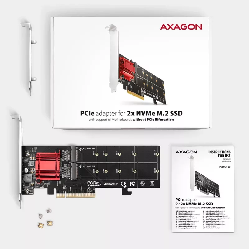 Axagon PCEM2-ND PCIe x8 - dubbele M.2 NVMe M-Key slot-adapter, RAID, dataswitch, met SP & LP