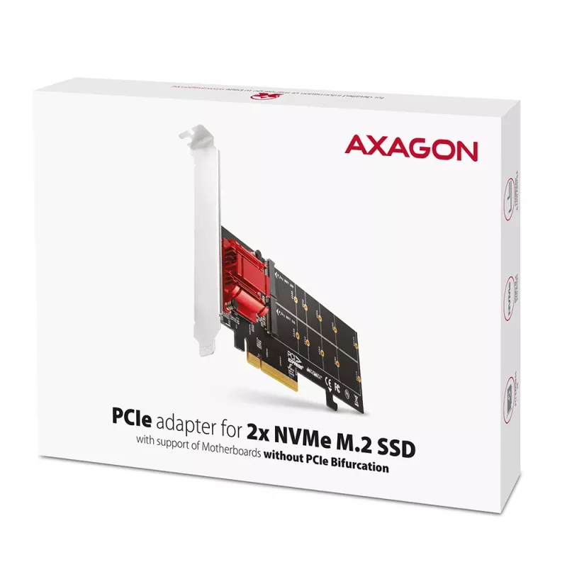 Axagon PCEM2-ND PCIe x8 - dubbele M.2 NVMe M-Key slot-adapter, RAID, dataswitch, met SP & LP