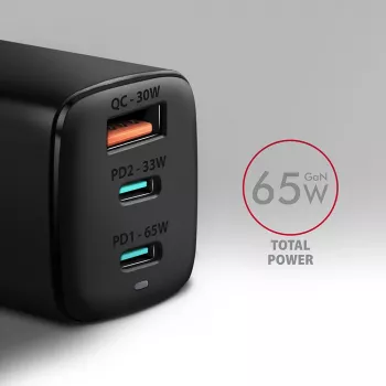 Axagon ACU-DPQ65 GaN-wandlader 65W, 3 aansluitingen (USB-A + dual-USB-C), PD3.0/QC4+/PPS/Apple