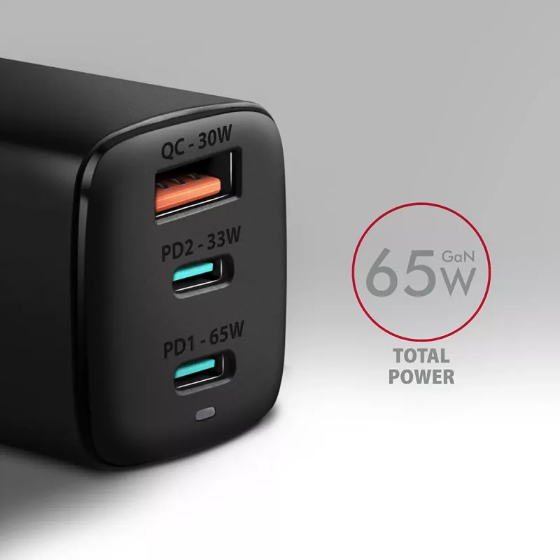 Axagon ACU-DPQ65 GaN-wandlader 65W, 3 aansluitingen (USB-A + dual-USB-C), PD3.0/QC4+/PPS/Apple