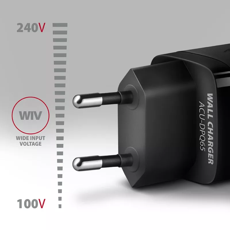 Axagon ACU-DPQ65 GaN-wandlader 65W, 3 aansluitingen (USB-A + dual-USB-C), PD3.0/QC4+/PPS/Apple