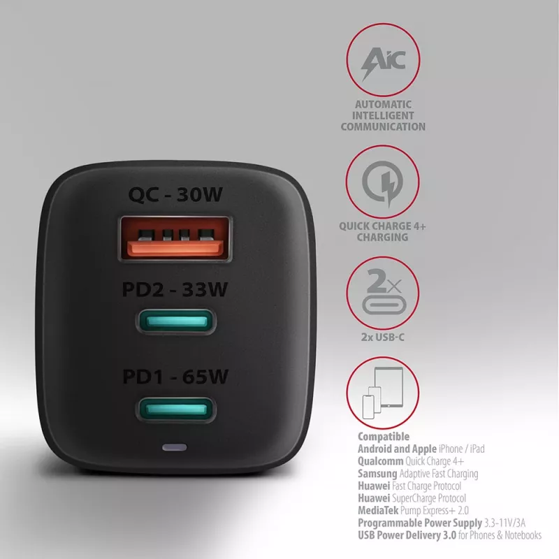 Axagon ACU-DPQ65 GaN-wandlader 65W, 3 aansluitingen (USB-A + dual-USB-C), PD3.0/QC4+/PPS/Apple