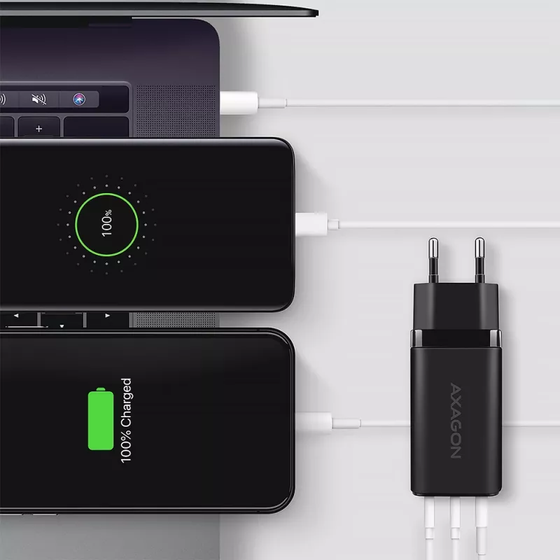 Axagon ACU-DPQ65 GaN-wandlader 65W, 3 aansluitingen (USB-A + dual-USB-C), PD3.0/QC4+/PPS/Apple