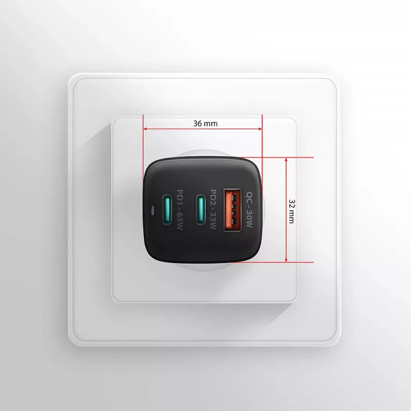 Axagon ACU-DPQ65 GaN-wandlader 65W, 3 aansluitingen (USB-A + dual-USB-C), PD3.0/QC4+/PPS/Apple