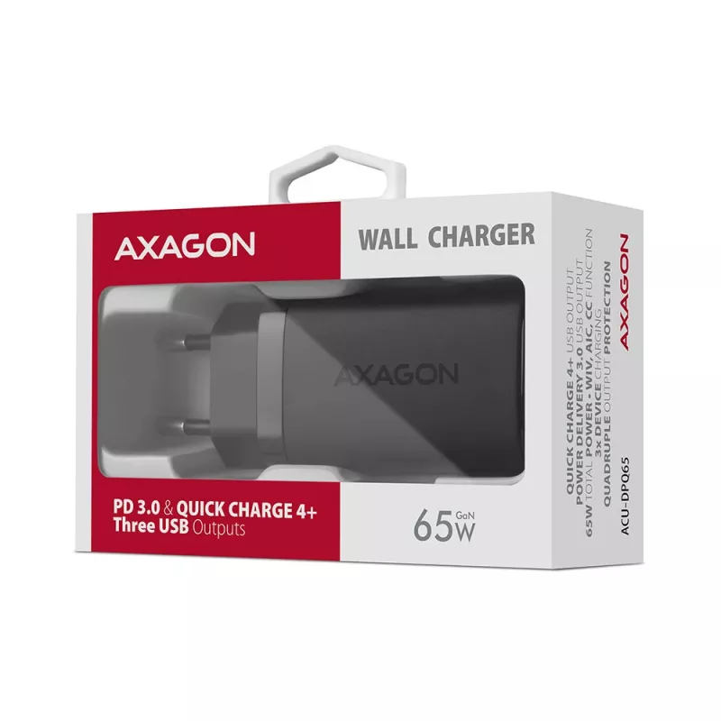 Axagon ACU-DPQ65 GaN-wandlader 65W, 3 aansluitingen (USB-A + dual-USB-C), PD3.0/QC4+/PPS/Apple