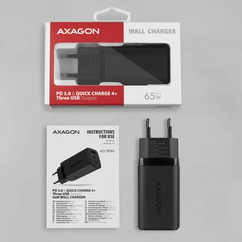 Axagon ACU-DPQ65 GaN-wandlader 65W, 3 aansluitingen (USB-A + dual-USB-C), PD3.0/QC4+/PPS/Apple