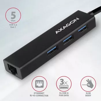 Axagon HMA-GL3A multiport-hub USB 3.0 Type-A Gigabit-LAN 3x USB-A microSD bedraad USB 3.2 Gen 1 (3.1 Gen 1) Type-A zwart
