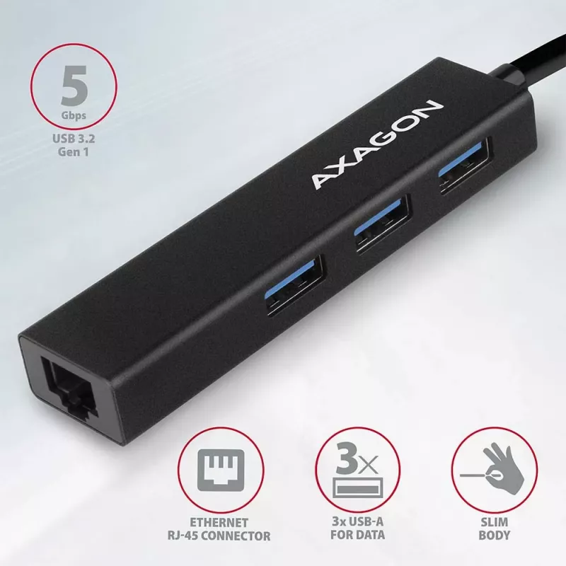 Axagon HMA-GL3A multiport-hub USB 3.0 Type-A Gigabit-LAN 3x USB-A microSD bedraad USB 3.2 Gen 1 (3.1 Gen 1) Type-A zwart