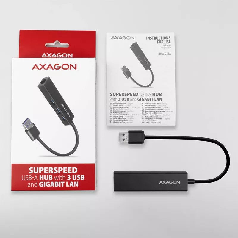 Axagon HMA-GL3A multiport-hub USB 3.0 Type-A Gigabit-LAN 3x USB-A microSD bedraad USB 3.2 Gen 1 (3.1 Gen 1) Type-A zwart