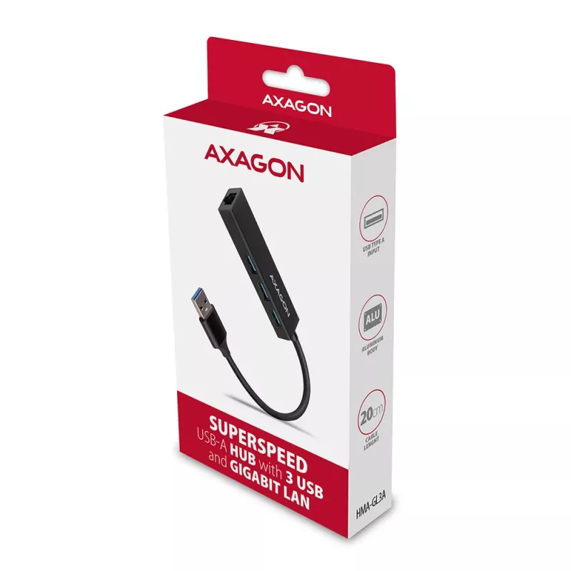 Axagon HMA-GL3A multiport-hub USB 3.0 Type-A Gigabit-LAN 3x USB-A microSD bedraad USB 3.2 Gen 1 (3.1 Gen 1) Type-A zwart