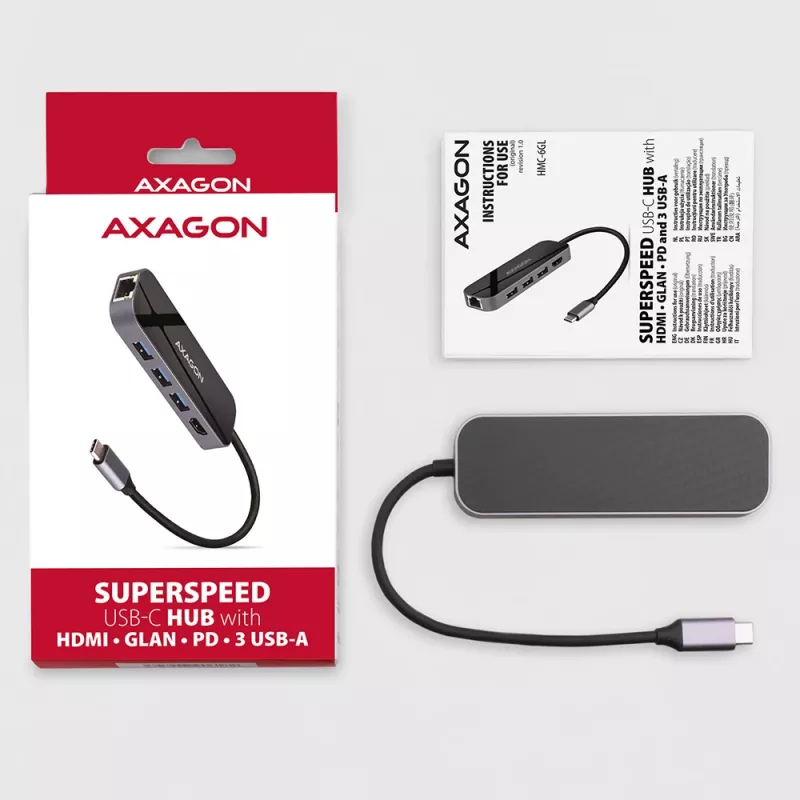Axagon HMC-6GL USB 3.2 Gen 1 hub, 3x USB-A, HDMI 4K/30Hz, RJ-45, PD 100W, 20 cm USB-C-kabel