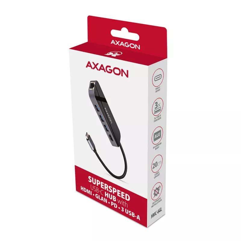 Axagon HMC-6GL USB 3.2 Gen 1 hub, 3x USB-A, HDMI 4K/30Hz, RJ-45, PD 100W, 20 cm USB-C-kabel
