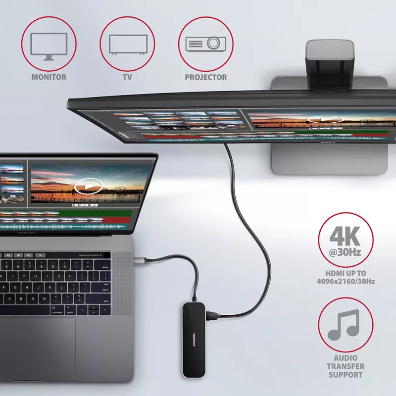Axagon HMC-6GL USB 3.2 Gen 1 hub, 3x USB-A, HDMI 4K/30Hz, RJ-45, PD 100W, 20 cm USB-C-kabel