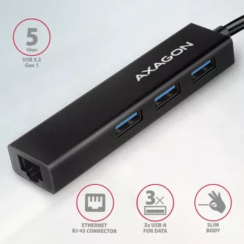 USB-C-hub Axagon HMC-GL3A 3x USB-A Gigabit-LAN zwart