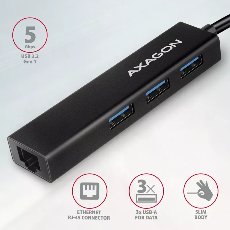 USB-C-hub Axagon HMC-GL3A 3x USB-A Gigabit-LAN zwart