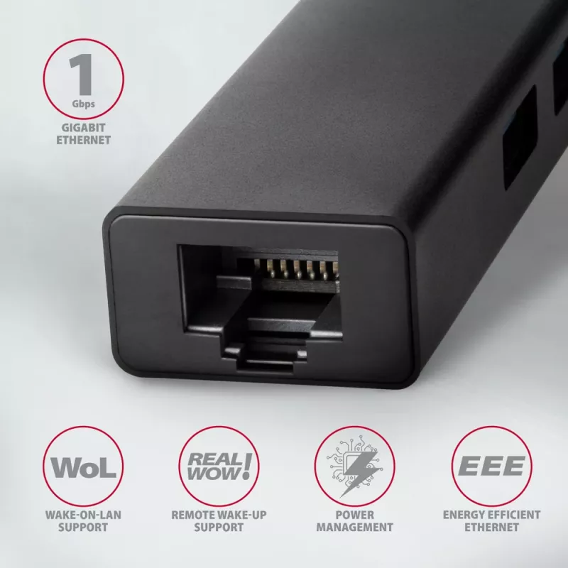 USB-C-hub Axagon HMC-GL3A 3x USB-A Gigabit-LAN zwart