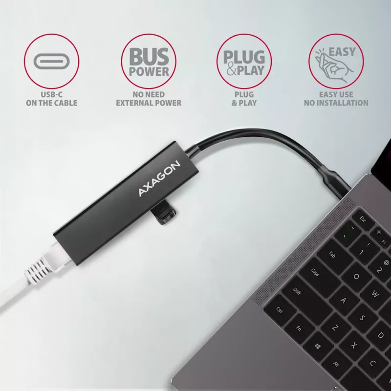 USB-C-hub Axagon HMC-GL3A 3x USB-A Gigabit-LAN zwart