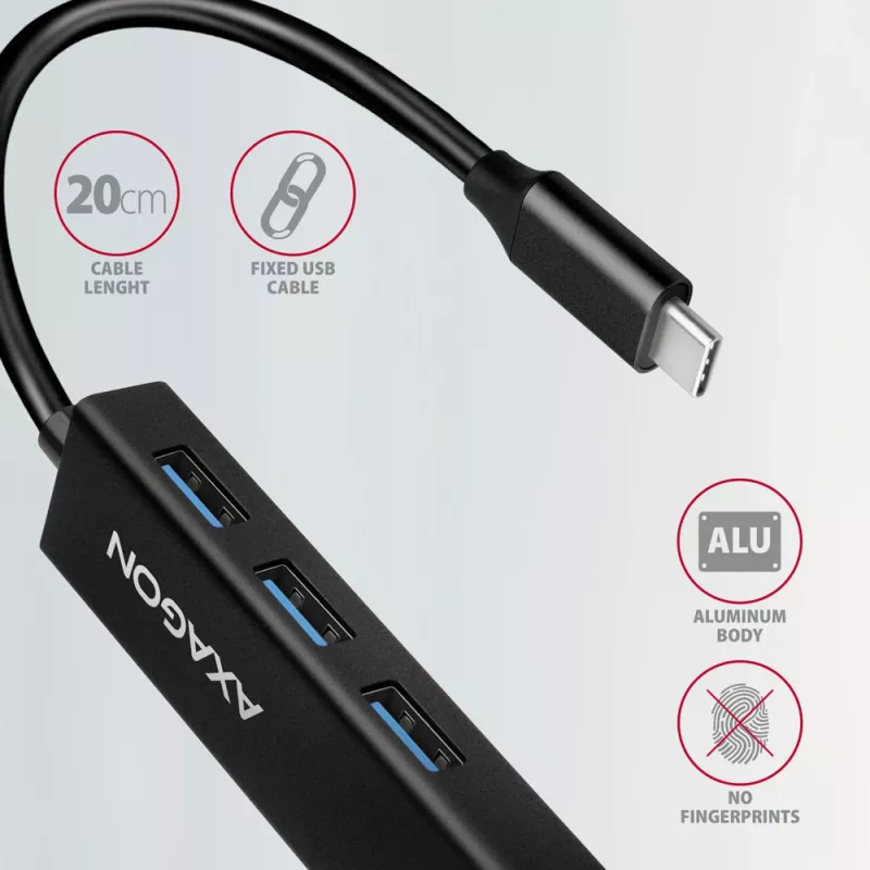 USB-C-hub Axagon HMC-GL3A 3x USB-A Gigabit-LAN zwart