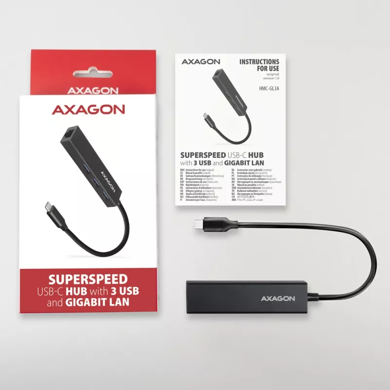 USB-C-hub Axagon HMC-GL3A 3x USB-A Gigabit-LAN zwart