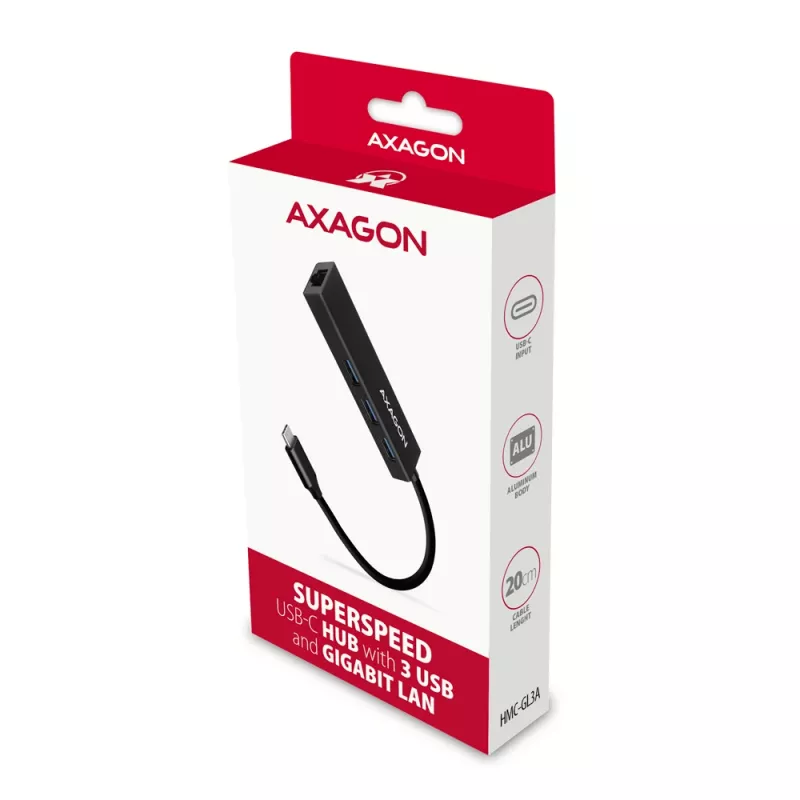 USB-C-hub Axagon HMC-GL3A 3x USB-A Gigabit-LAN zwart